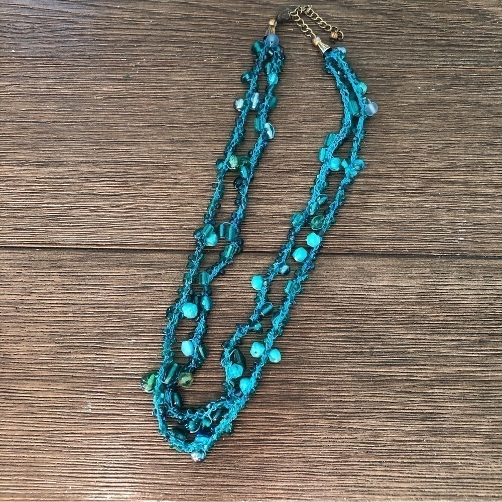Double layer teal crochet and glass bead necklace